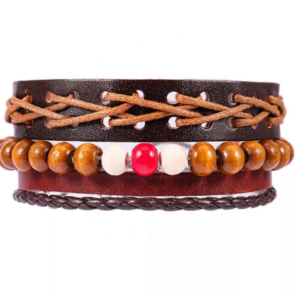 Boho Multilayer Leather Beaded Adjustable Unisex Bracelet OS - Picture 3 of 4